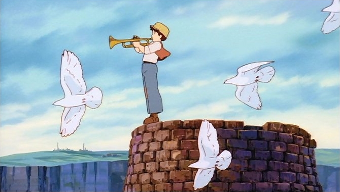 《天空之城》男主角巴魯吹奏小喇叭的經典畫面，現實中負責演奏的音樂家數原晉近日去世。（翻攝自@castle_gtm Twitter）
