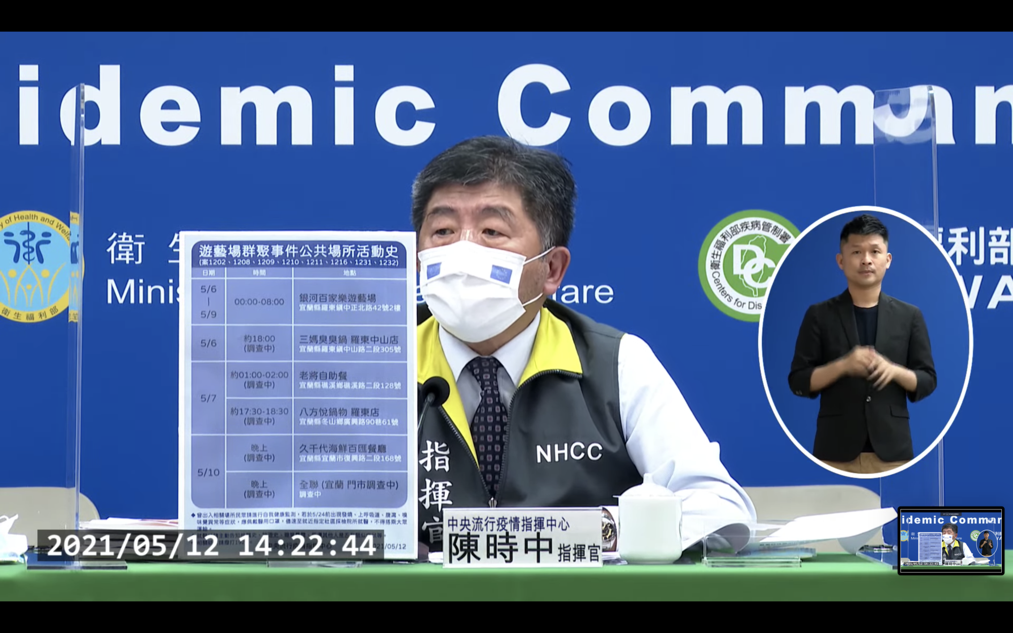 指揮官陳時中在記者會上公布宜蘭遊藝場群聚事件疫調足跡。（翻攝自疾管署YouTube）