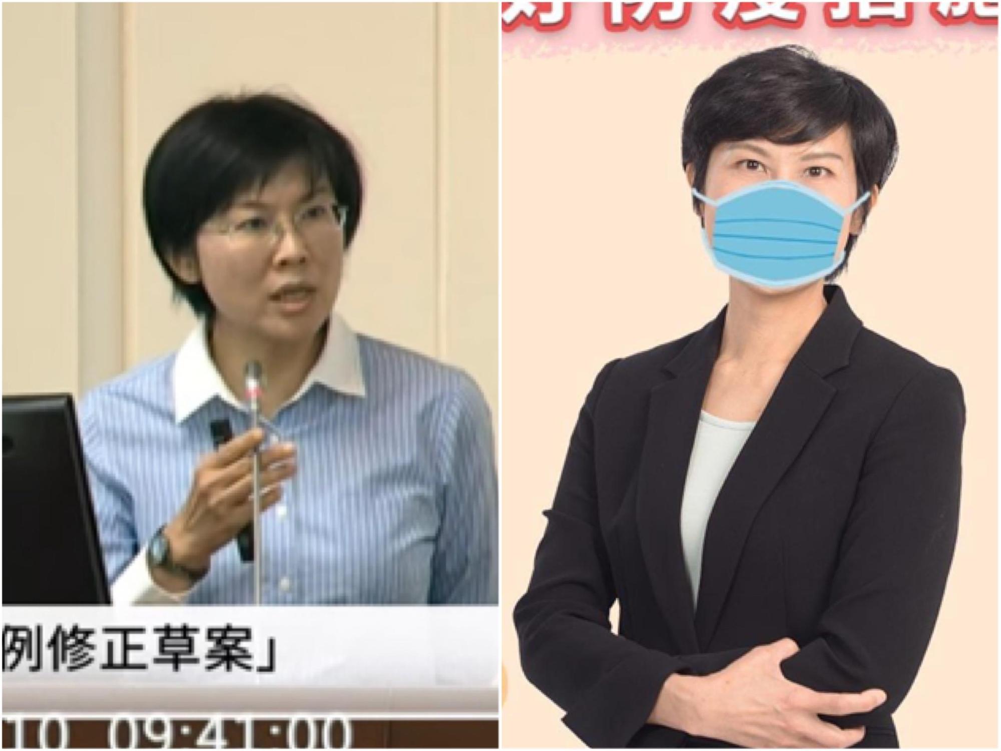 立委林岱樺質詢時未戴口罩引發民眾批評，有網友發現她連宣傳防疫的口罩都是用P的。（翻攝國會頻道YouTube／林岱樺臉書）