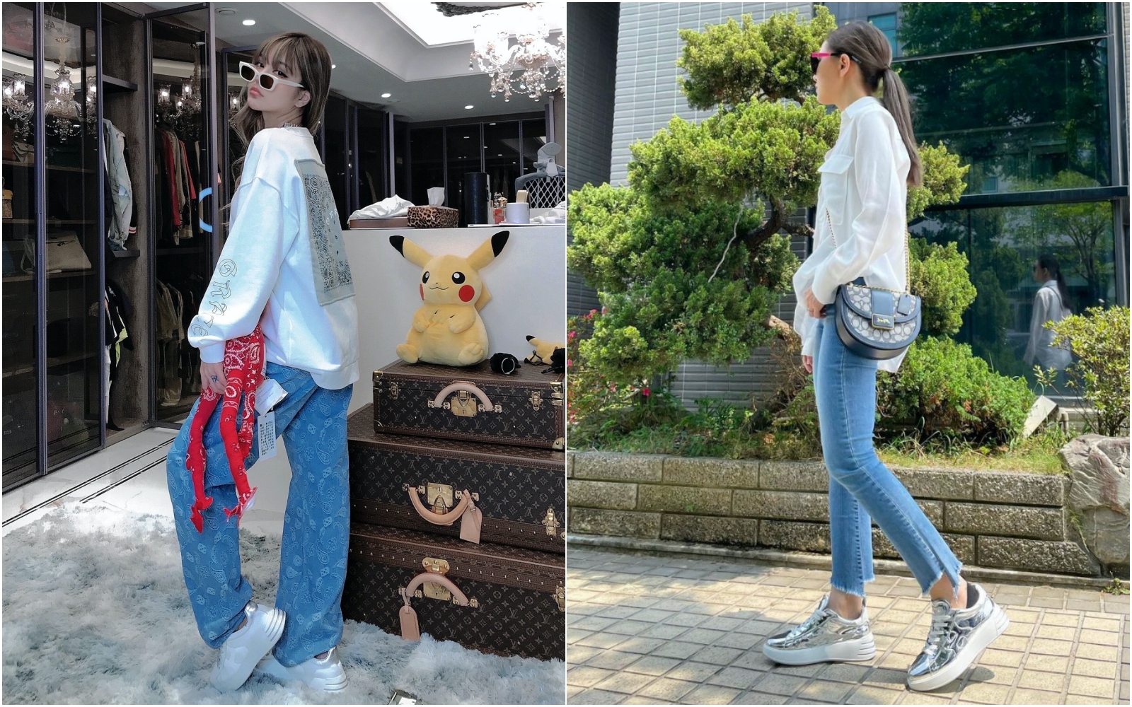 周揚青（左）、昆凌皆以白藍色的穿著，搭配HOGAN 4公分高度全新Rebel系列鞋款。（迪生提供）