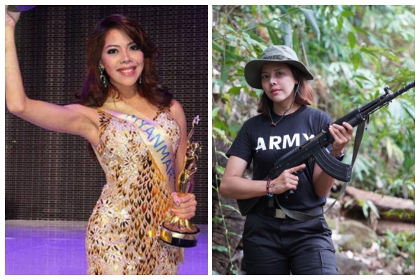 緬甸藝人塔泰泰近日在推特貼出身穿黑衣、揹起步槍的照片。（翻攝自Htar Htet Htet臉書、推特）