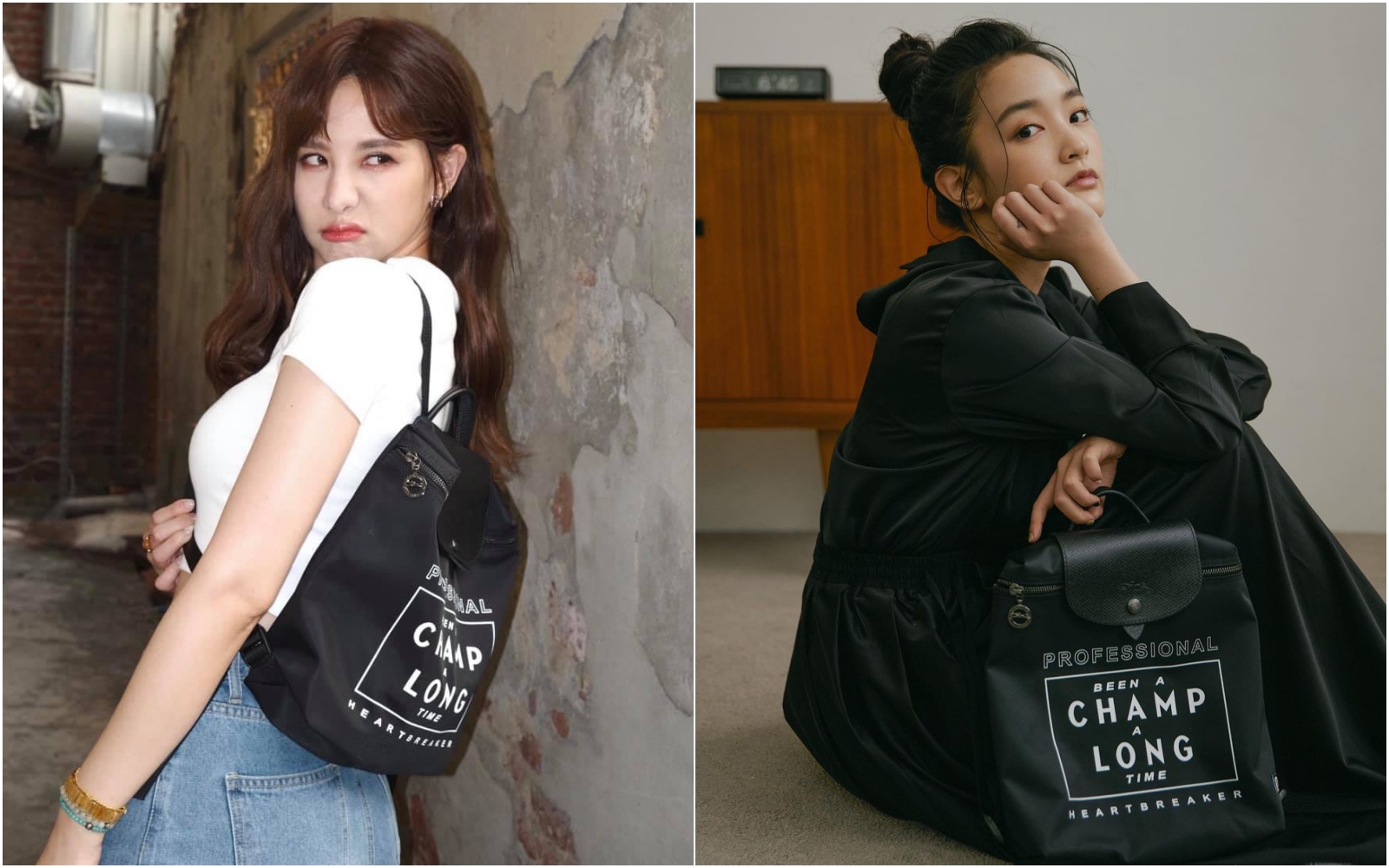 安心亞（左起）、王淨撞包，LONGCHAMP x EU聯名系列 Le Pliage尼龍後背包。NT$7,200。（LONGCHAMP提供）