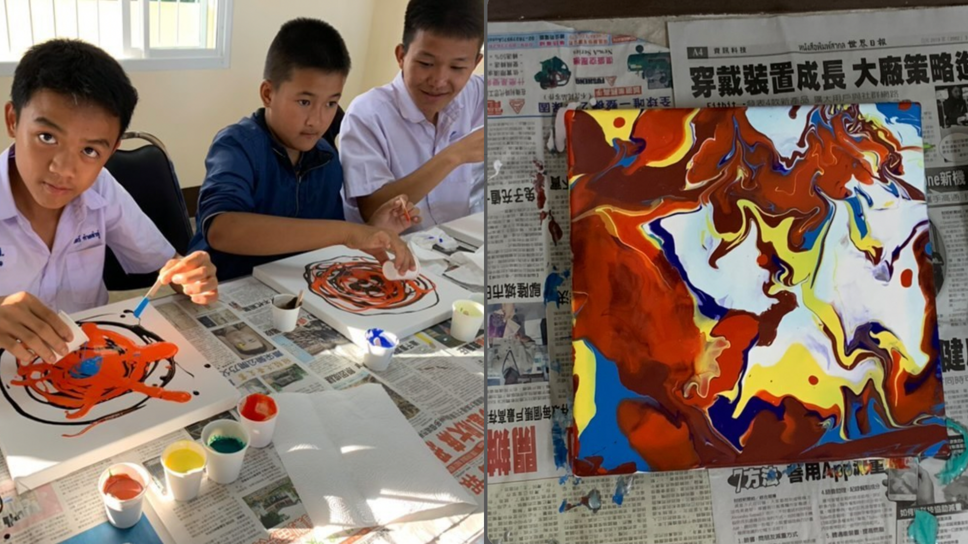 吳庭逸曾到泰國參與公益活動,教導孩子繪製流動畫。(吳庭逸提供)