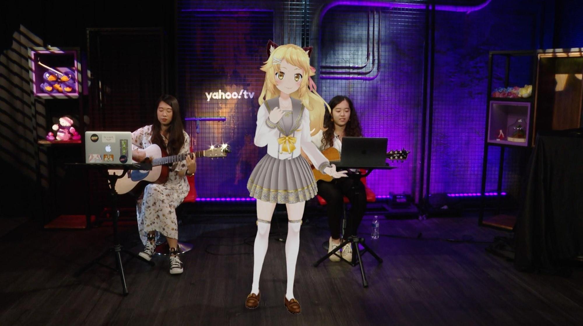利用AR技術,Yahoo TV虛擬網紅「虎妮」能與真人樂團同台演出。(Yahoo TV提供)