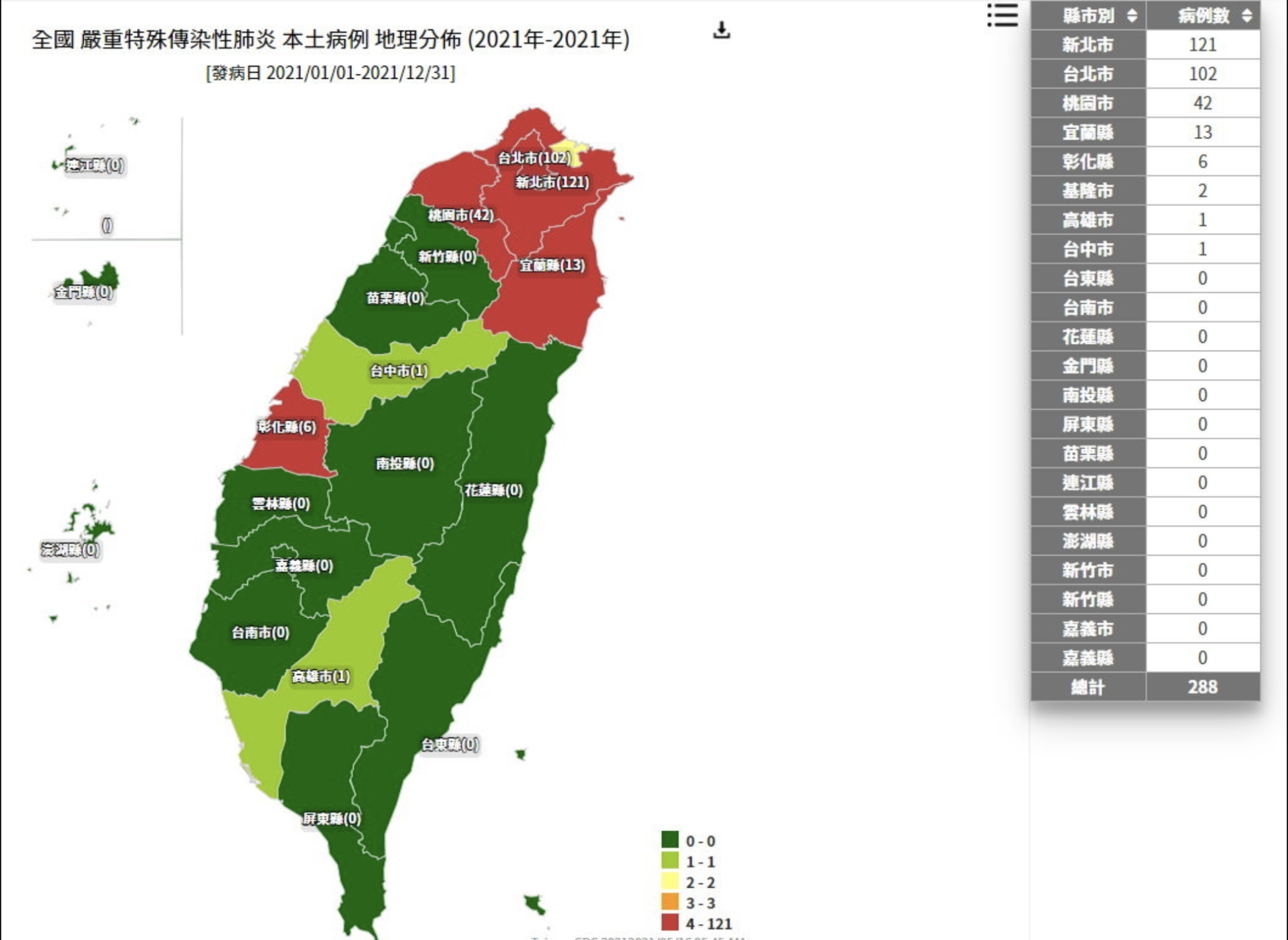 由疾管署統計出的本土病例確診地理分布圖。(翻攝自疾管署官網)