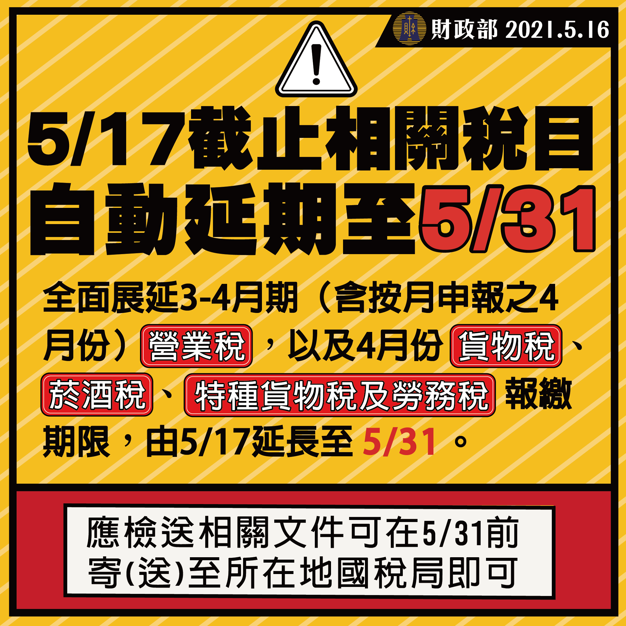 財政部宣布，全面展延今年3-4月期營業稅與4月份貨物稅、菸酒稅、特種貨物及勞務稅報繳期限。（翻攝自中華民國財政部臉書）