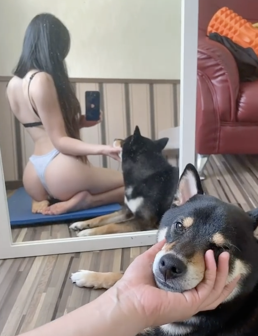 機機貼出自己居家防疫的性感模樣,還一邊逗弄寵物犬「黑糖」。(翻攝自機機IG)