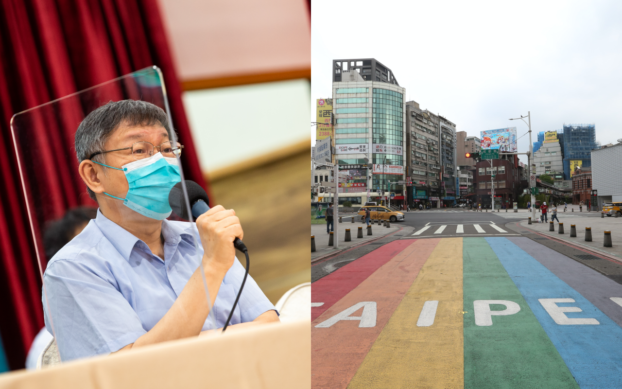 台北市長柯文哲呼籲民眾待在家。右圖為宣布疫情升級後的西門町。