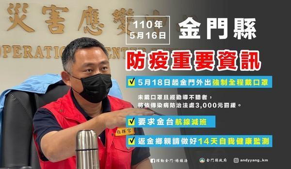 金門縣祭出強制民眾外出全程戴口罩，違者開罰政策，避免疫情擴散。（翻攝楊鎮浯臉書）