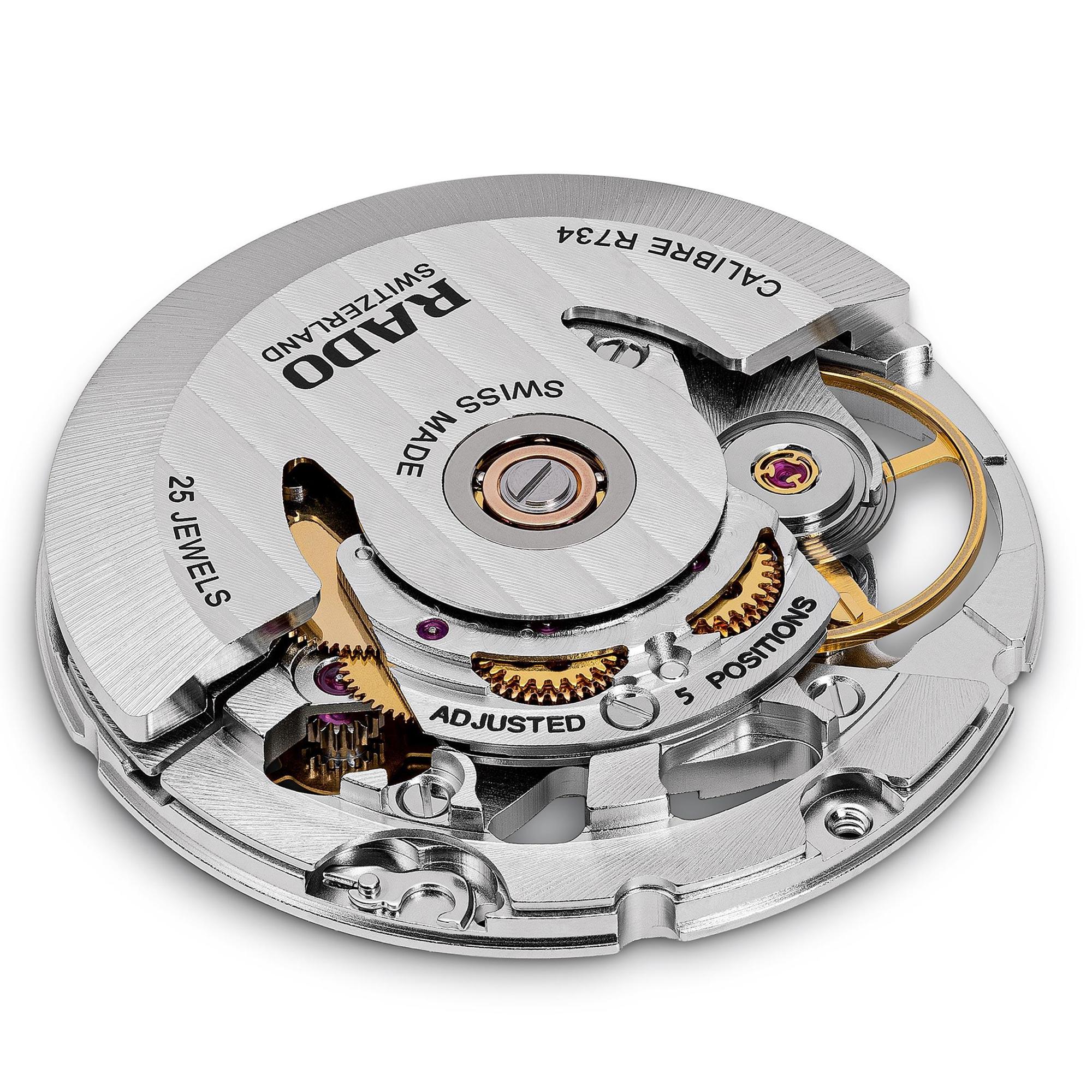 Calibre R734自動上鏈機芯，動力儲存80小時，使用Nivachron™鈦合金游絲。