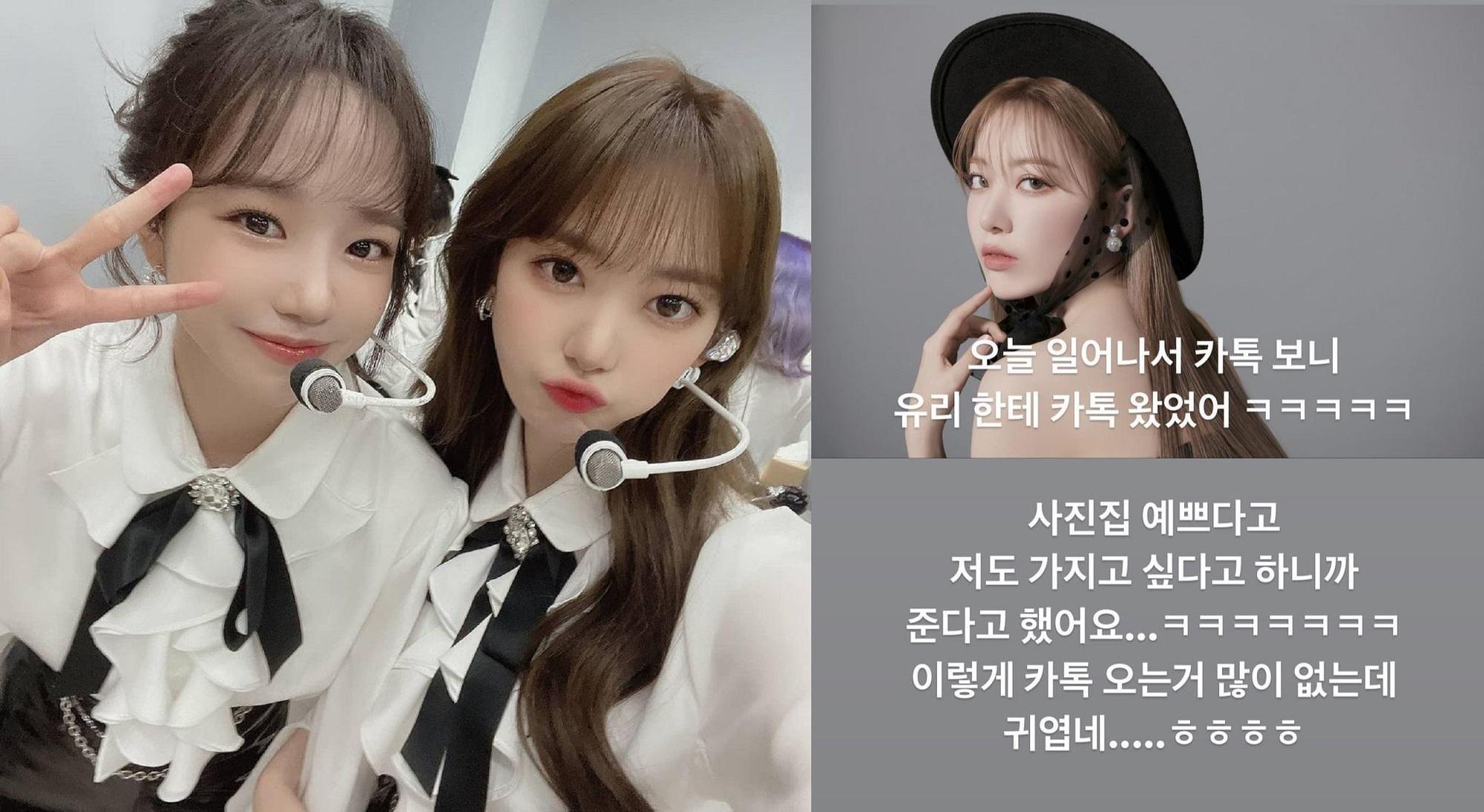 宮脇咲良(左圖右)回到日本後,仍和「IZ*ONE」成員持續聯繫,今早在IG曝柔理傳訊求寫真書。(左圖翻攝自IZ*ONE Instagram,右圖翻攝自宮脇咲良 Instagram)