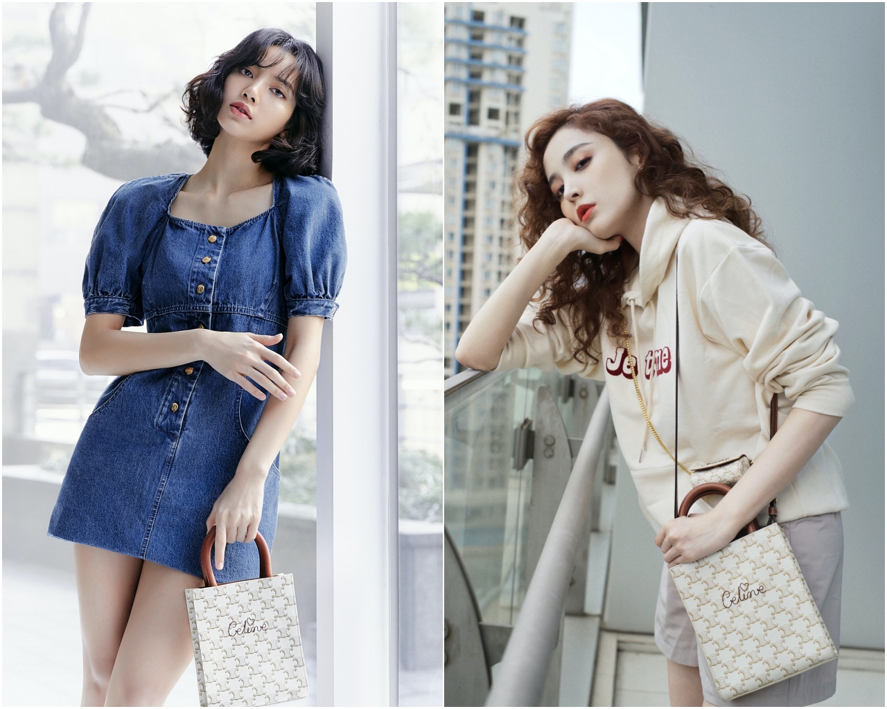 LISA（左）與古力娜扎（右）選用同一款印花刺繡迷你直立托特包。NT$47,500。（CELINE提供）