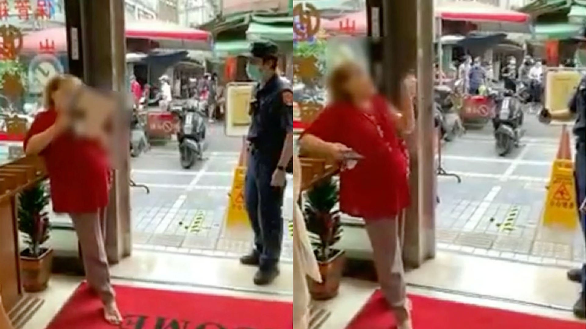 汐止一名婦女進入銀行不戴口罩，甚至反問警察「什麼是實名制」。（翻攝自臉書汐止集團）