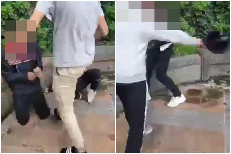 基隆2名國中生在社區中庭遭惡少霸凌，跪地求饒仍被踹飛毆打；儘管少年下跪求饒，仍遭惡少狠踹頭部、呼巴掌教訓「下次再亂講話試試看」。（翻攝畫面）