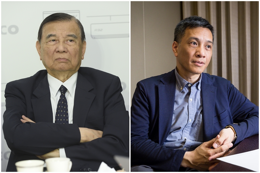 東元會長黃茂雄（左）與長子黃育仁（右）決裂，為了經營權鬧上法院互告。