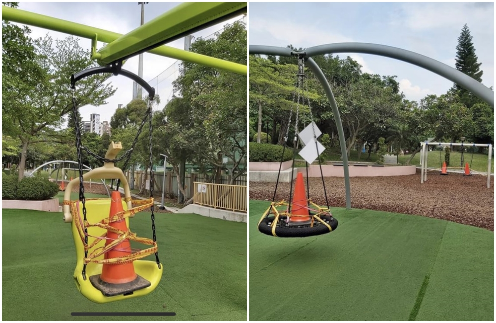 防疫期間為了防止小孩忍不住來玩,天母運動公園「三角錐大軍」占領各項遊樂器材。(翻攝自天母幫臉書社團)