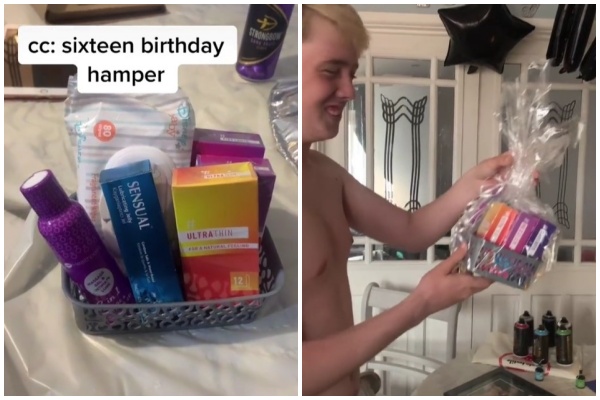 英國年輕媽媽安德森為兒子安德森送上保險套和潤滑油組成的禮盒。（翻攝自jadamson98 TikTok）