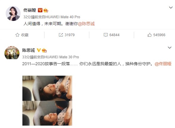 佟麗婭與陳思誠今(20日)在微博上發文,暗示2人夫妻關係告一段落。(翻攝自佟麗婭、陳思誠微博)