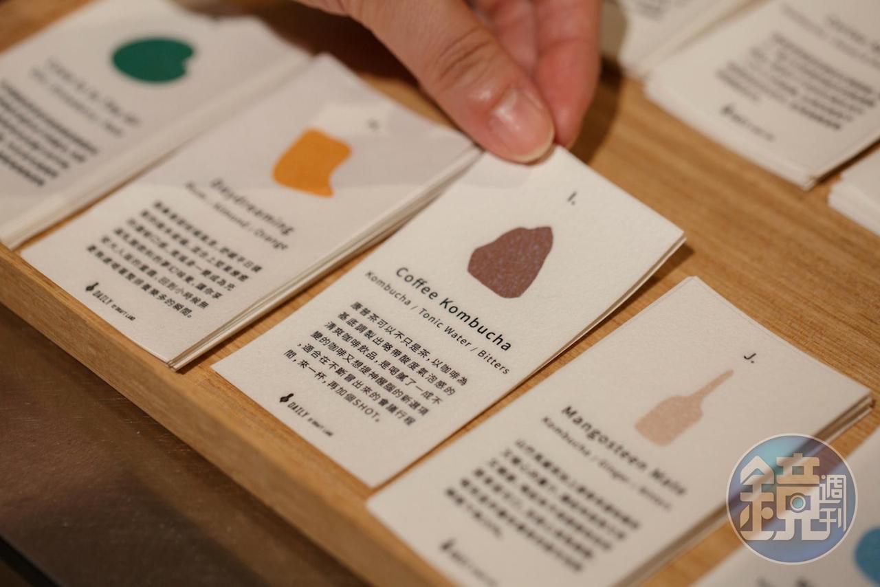 隨酒會附上一張風味小卡，最上面的色塊圖案，能在店裡找到相對應的物品，下回來可以試試眼力。