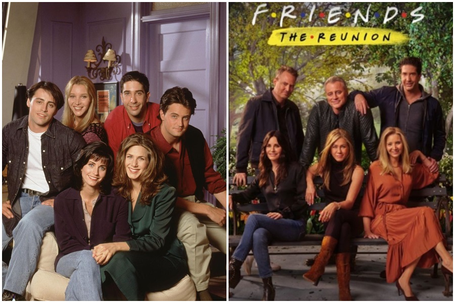 美劇《六人行》為HBO Max拍攝特別版影集（右圖），使粉絲們想起當年開播時主角們青澀的模樣（左圖）。（東方IC／翻攝自hbomax Instagram）