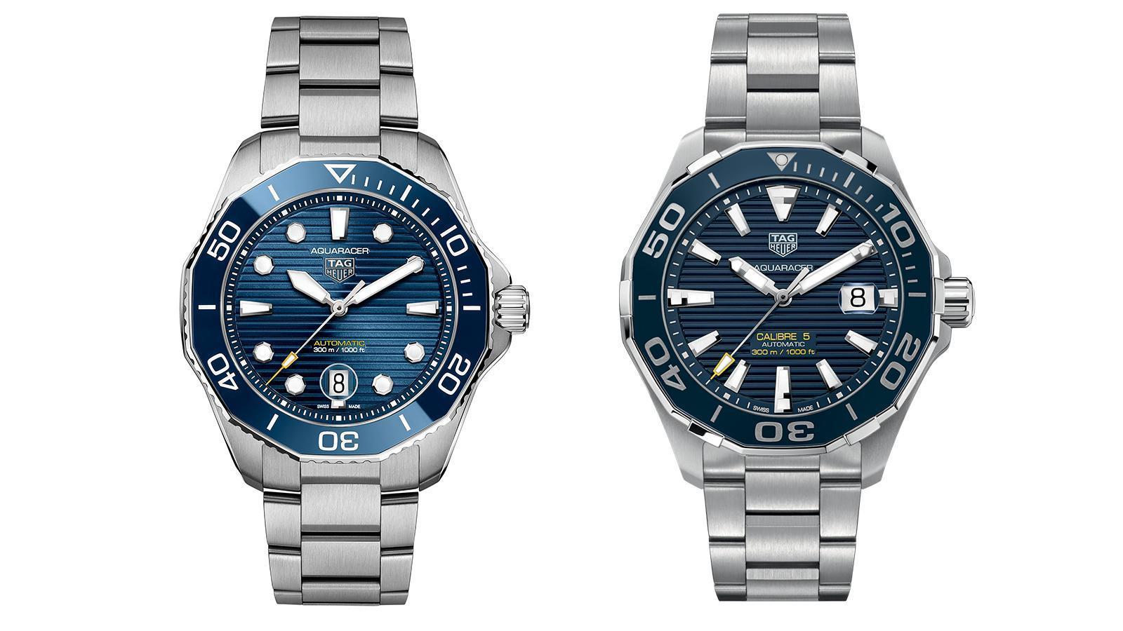 圖左是新版Aquaracer Professional 300，圖右則是前一代的版本，在日期窗、時標、指針、錶圈等處都做了調整，是讓細節更為優化的變革。