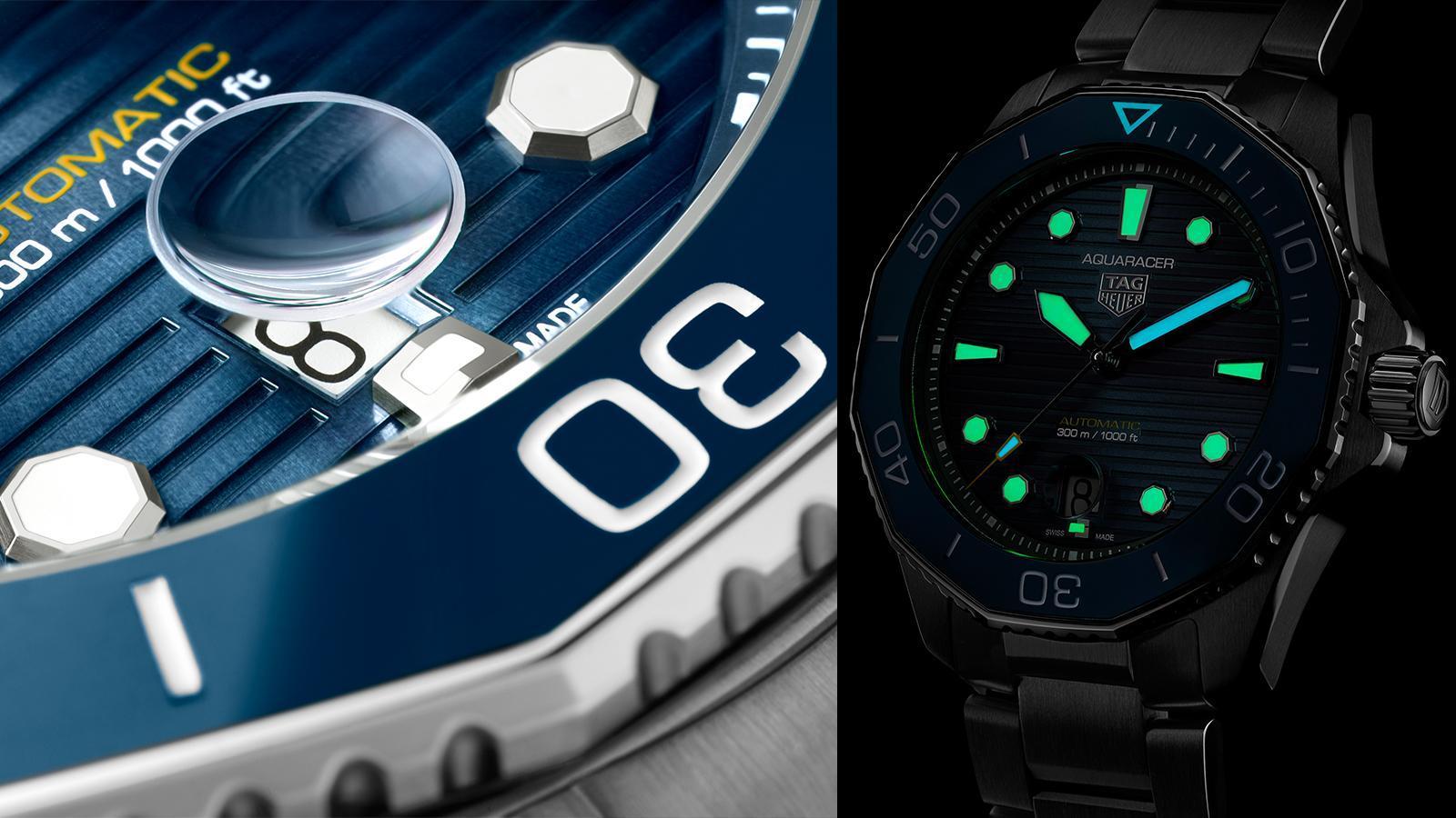 內嵌式放大鏡是Aquaracer Professional 300調整過的細節之一，和前一代的凸型放大鏡比起來，面盤的視覺感變得更平整。而指針不只在時針的寬度上做了修正，連夜光也以藍、綠兩種顏色呈現，加入強化視讀性的考量。