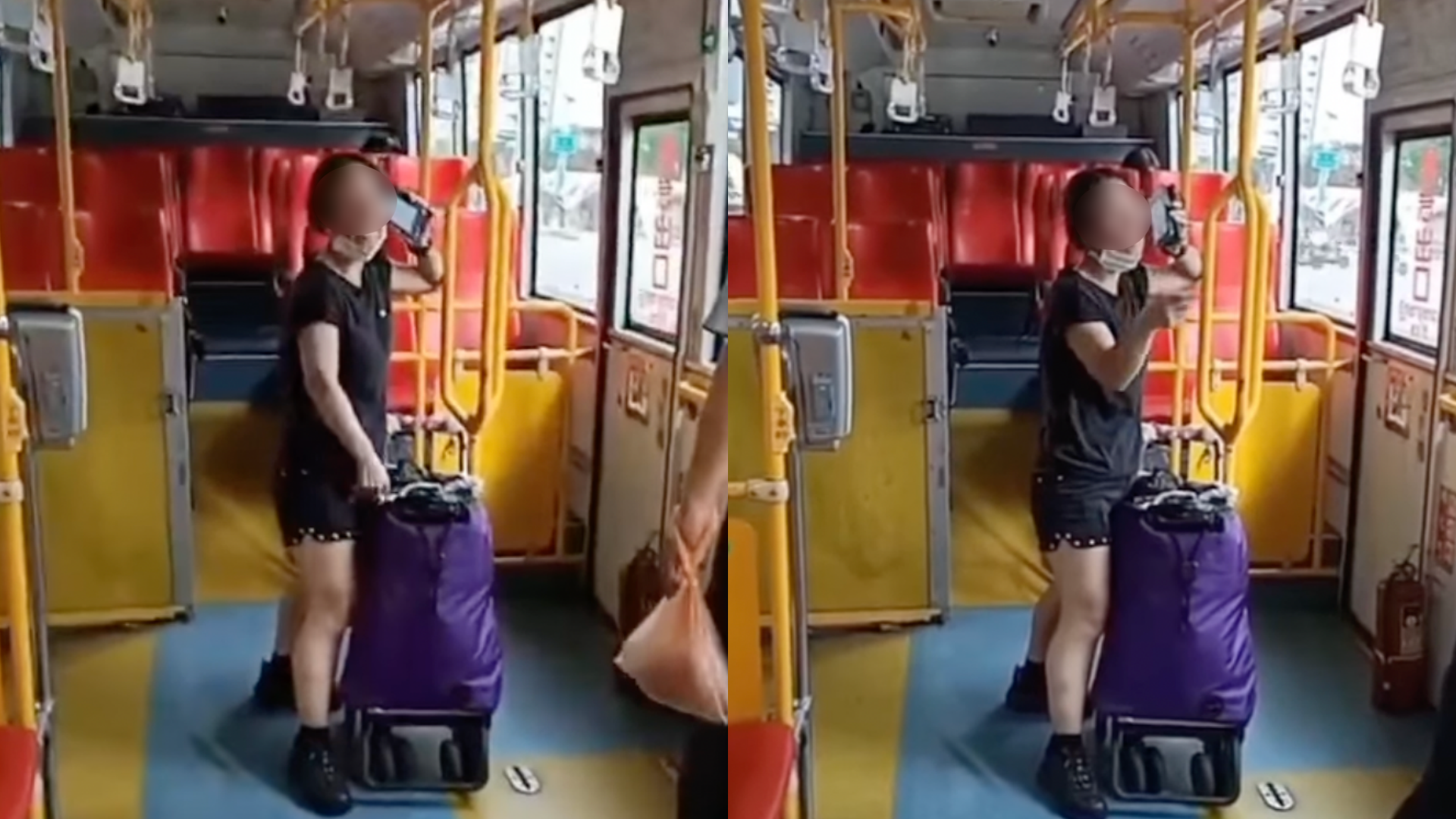 婦人搭公車口罩沒戴好經勸導不聽，反罵司機和乘客是豬哥。（翻攝自記者爆料網）