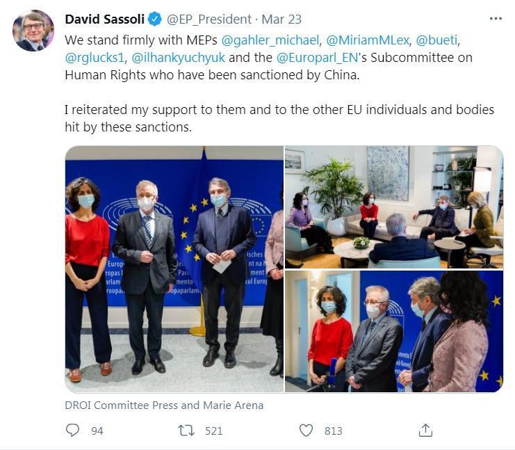 歐洲議會主席薩索利聲援被中國制裁的歐洲議員及組織,強調他們不會受到中國的威脅而放棄人權價值。(翻攝自推特@EP_President)