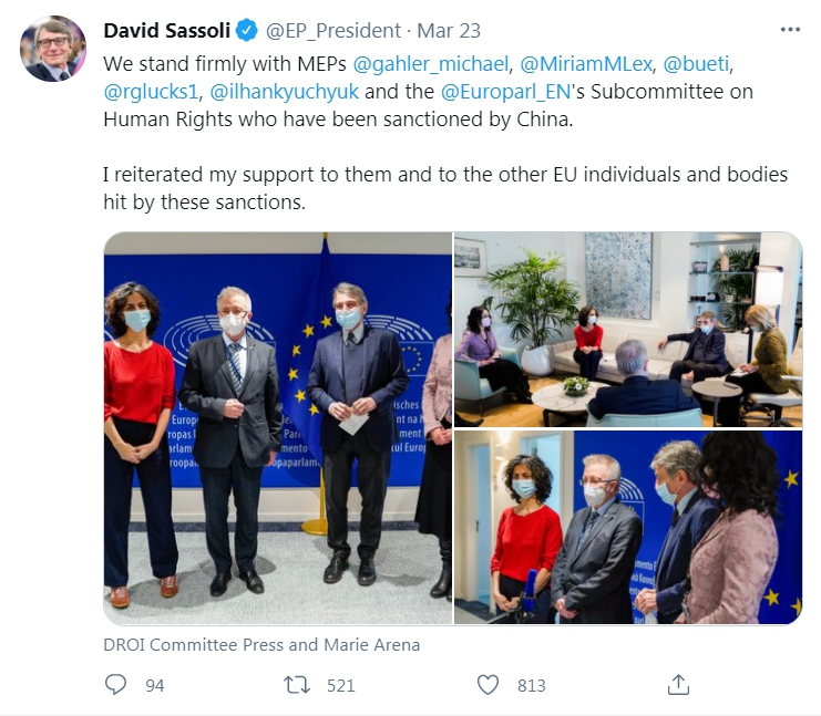 歐洲議會主席薩索利聲援被中國制裁的歐洲議員及組織，強調他們不會受到中國的威脅而放棄人權價值。（翻攝自推特@EP_President）