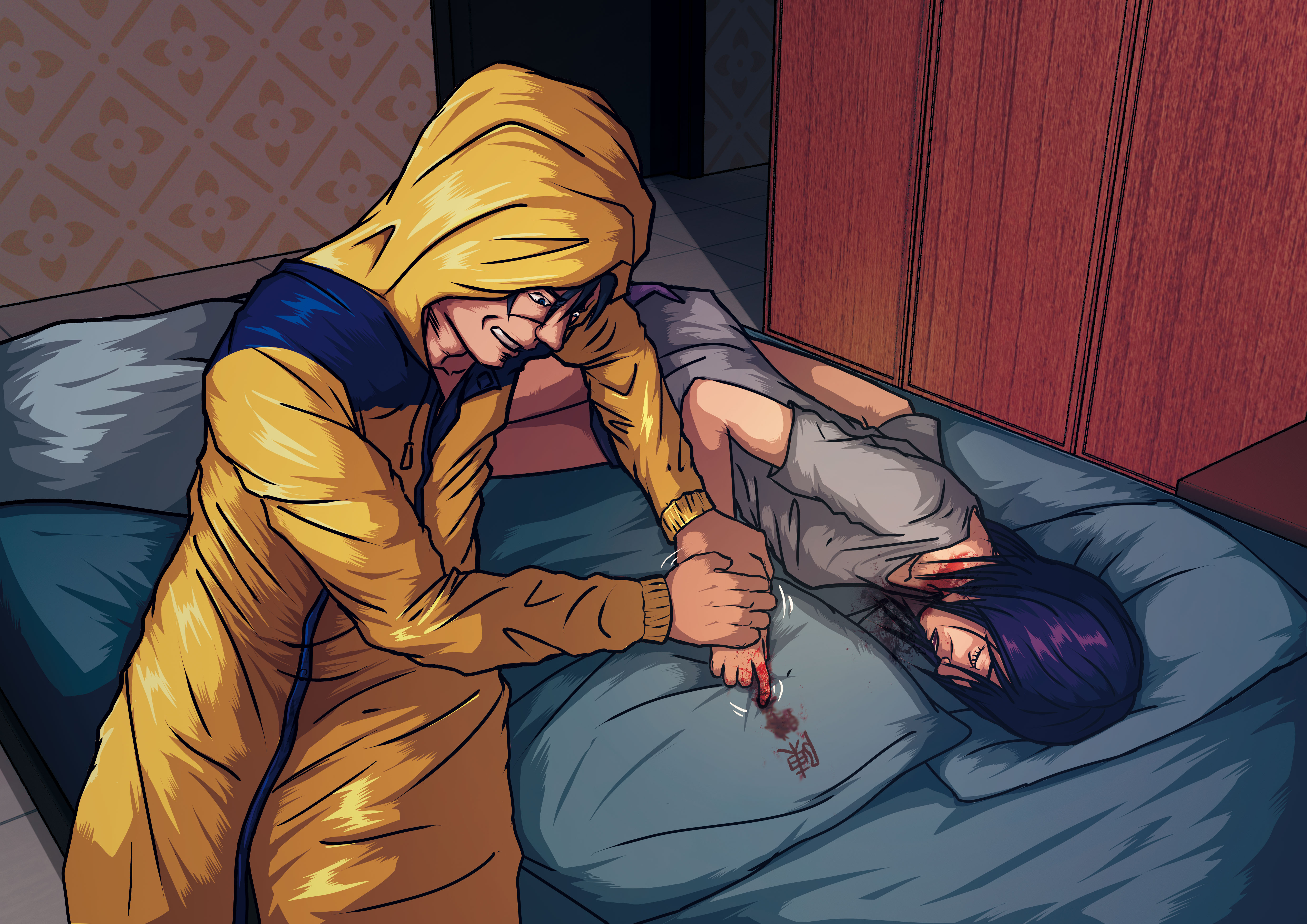 黃姓密醫(左)穿雨衣進入牛姓包租婆(右)住處犯案,還抓死者的手沾血,在抱枕寫下死者前男友的名字,企圖嫁禍對方。