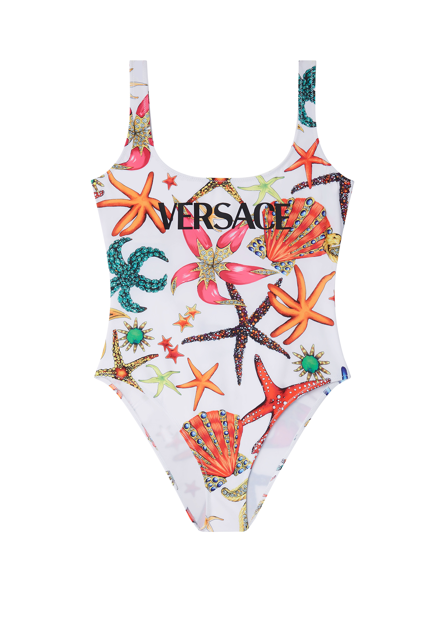 白色印花連身泳衣 NT$18,000 VERSACE。（VERSACE提供）