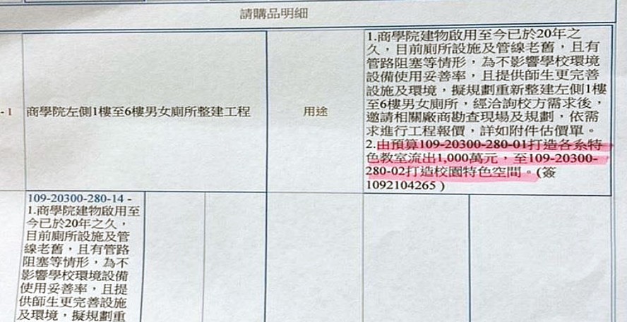 校方的請購單明確指出，挪用「打造特色教室」經費整建廁所。（讀者提供）