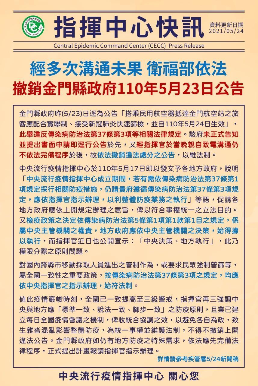 衛福部深夜發新聞稿依傳染病防治法撤銷「快篩令」。(取自疾管家)