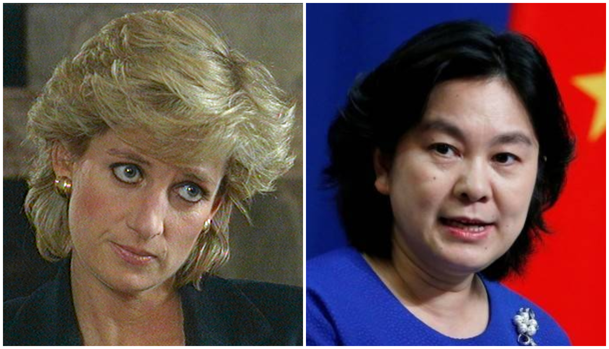 BBC承認1995年設局讓黛安娜王妃接受世紀專訪（左圖），華春瑩翻舊帳砲轟BBC（右圖）。（翻攝BBC官網、中國外交部微博）