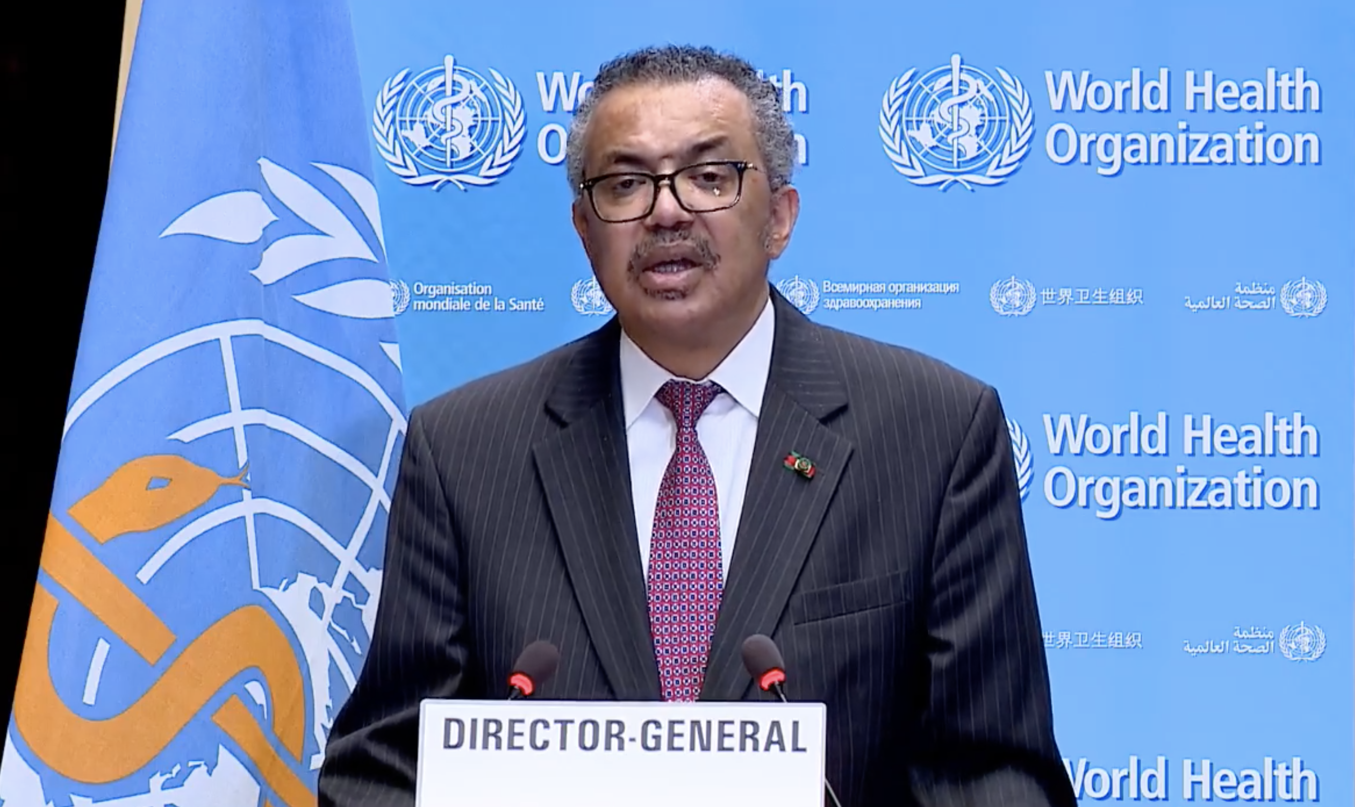 世衛祕書長譚德塞出席世界衛生大會（WHA）。（翻攝WHO推特影片）