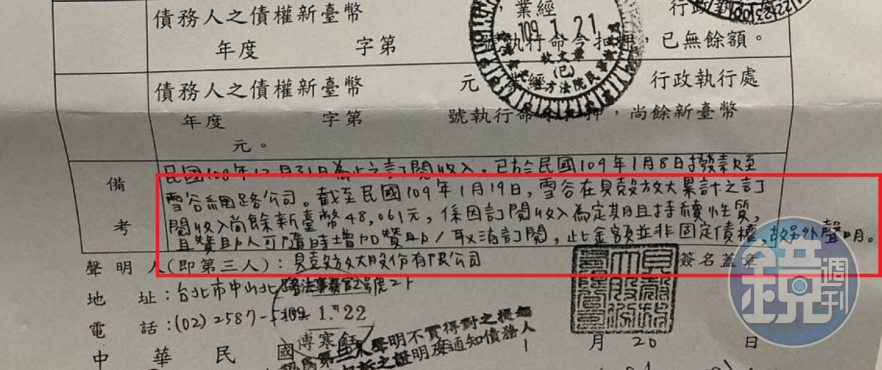 本刊接獲爆料，柳林瑋經營的雪谷網路公司每月集資收入仍有數萬元。（讀者提供）