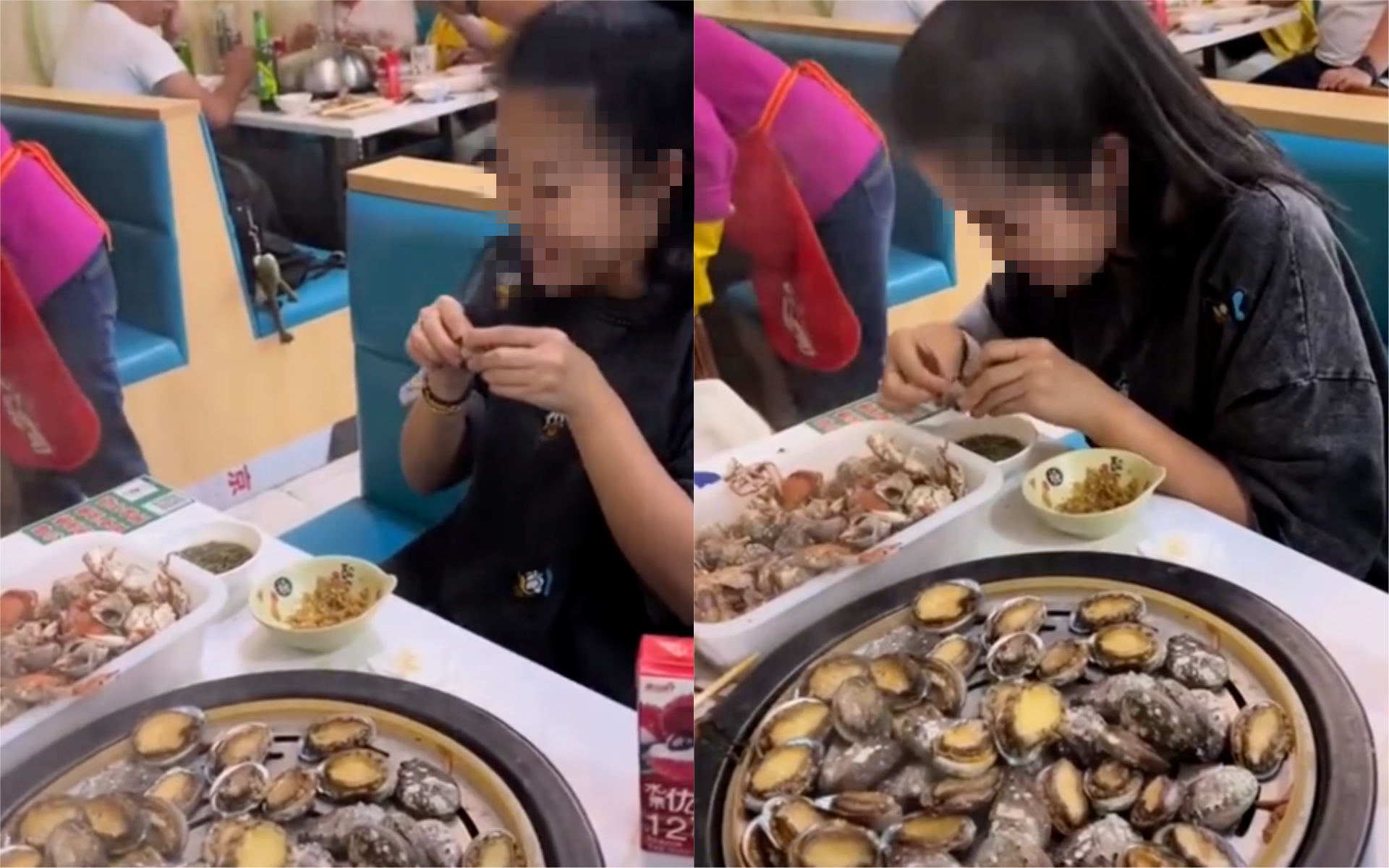 中國大陸一名女子到自助餐吃飯,拿了百顆鮑魚,引發老闆不爽並上前錄影開酸。(翻攝騰訊網)