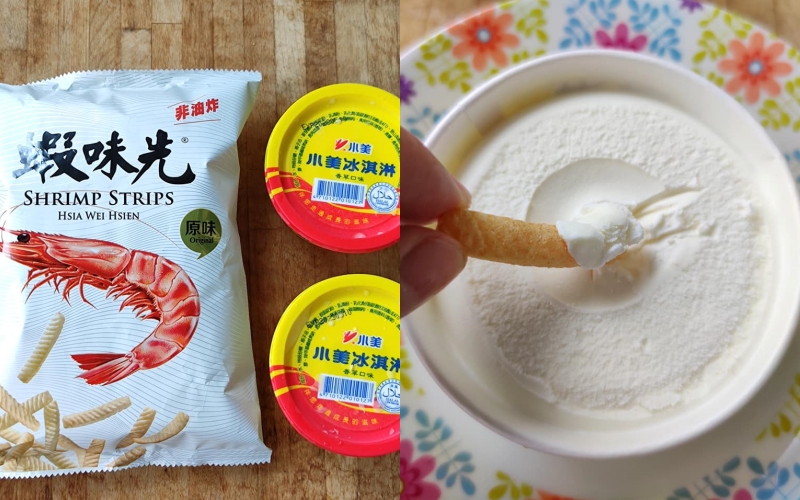 男網友用蘇打餅乾做了冰淇淋餅乾補救，也順帶分享用蝦味先沾冰淇淋的特殊吃法。（翻攝自「Costco好市多 商品經驗老實說」臉書）