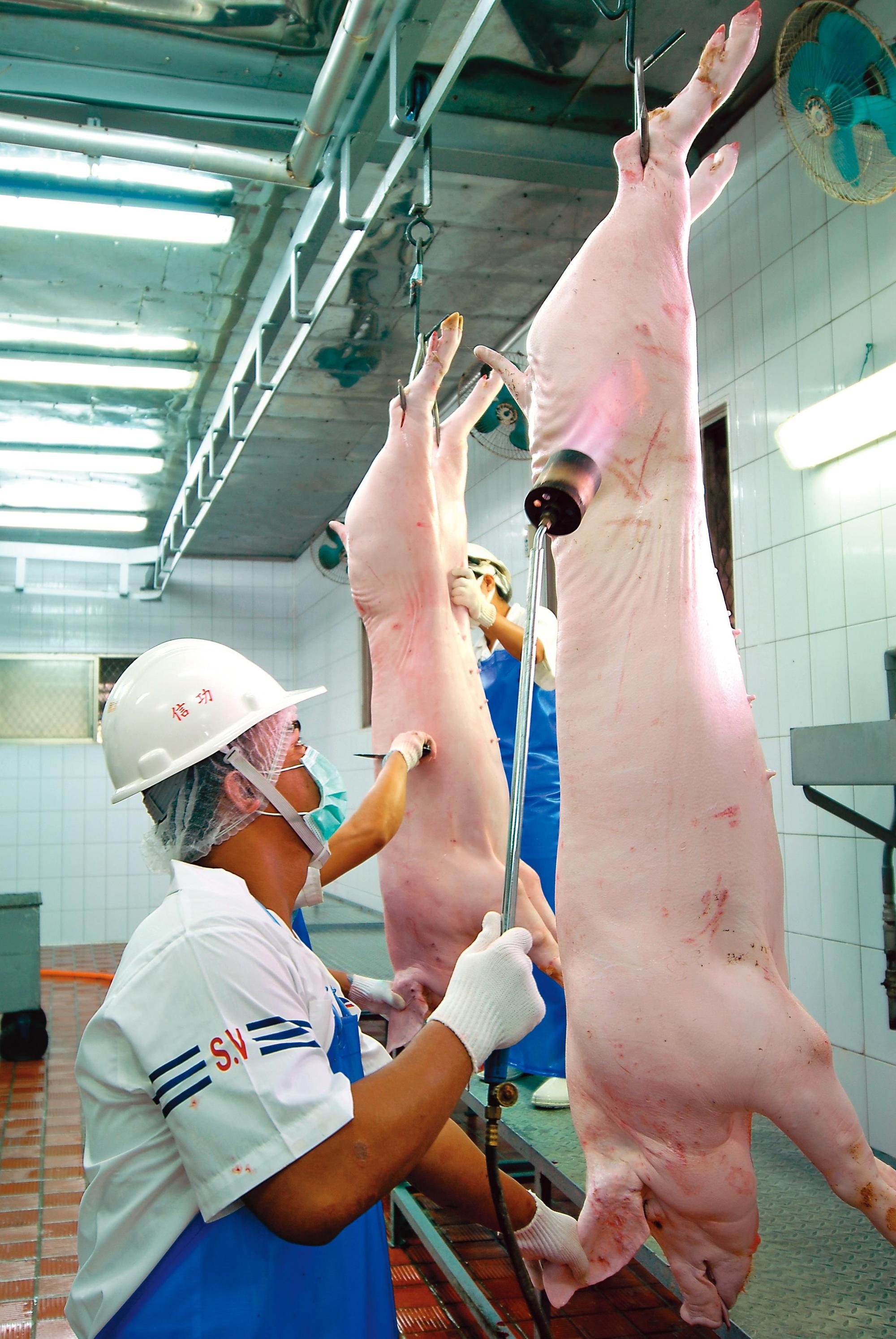 信功集豬隻屠宰、分切、加工一條龍作業，掌控全部品質。（信功提供）