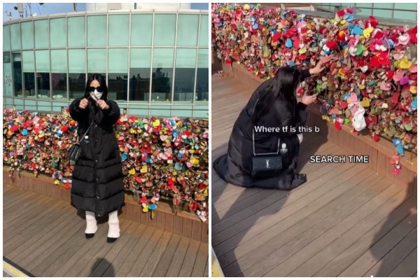 美國女子凱西特地從洛杉磯搭機到首爾,只為了剪斷和前男友的愛情鎖。(翻攝自Kassie Yeung IG、TikTok)