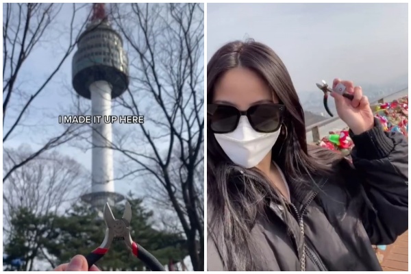 凱西在密密麻麻的鎖牆上,成功找到當初的愛情鎖。(翻攝自Kassie Yeung TikTok)