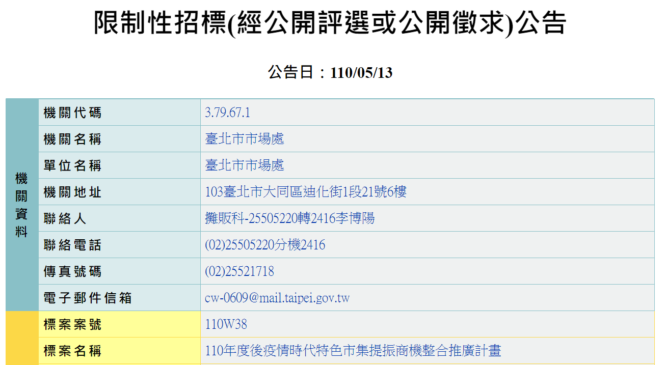 台北市政府市場處本月13日公告招標「後疫情時代特色市集提振商機整合推廣計畫」標案。(翻攝政府電子採購網)