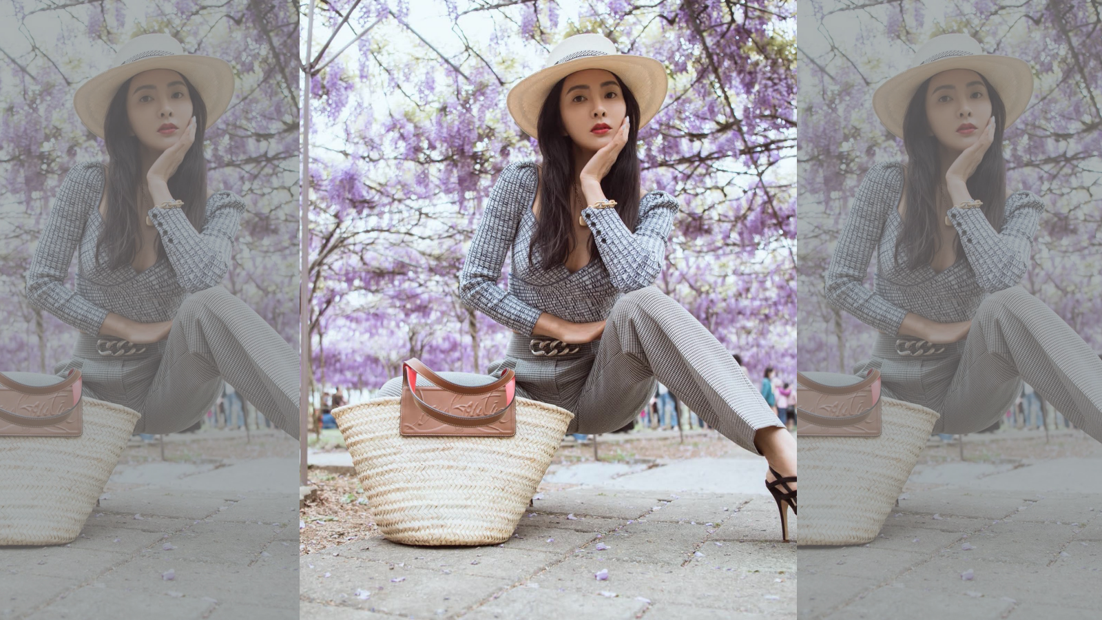 媽咪速玲以一身幹練的裝扮，搭配草帽與草編包在紫藤花下拍照，展現現代女子的俐落度假風。（Christian Louboutin提供）