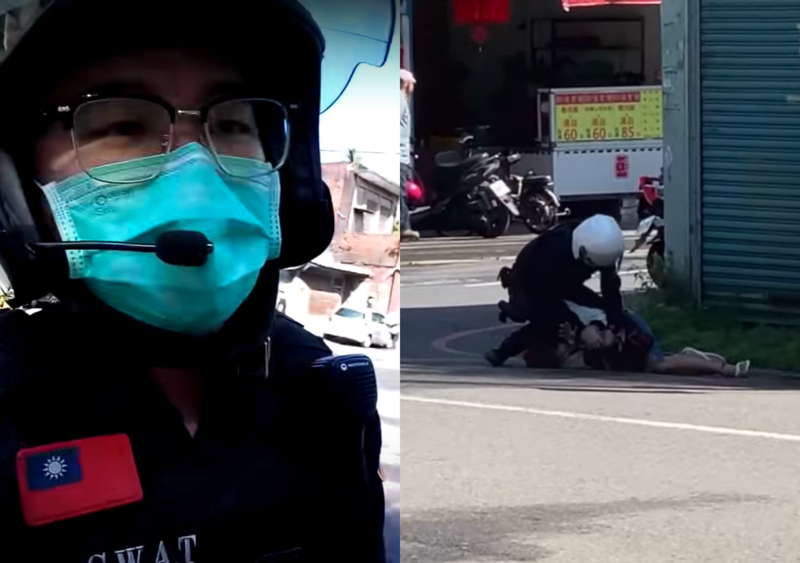 藝術工作者詹慧玲拒絕員警盤查後，因為說了聲「真的很蠢」，遭員警強押在地、接著被上手銬。（翻攝自gracejoy Jan Youtube頻道、Wei Yu Chen臉書）