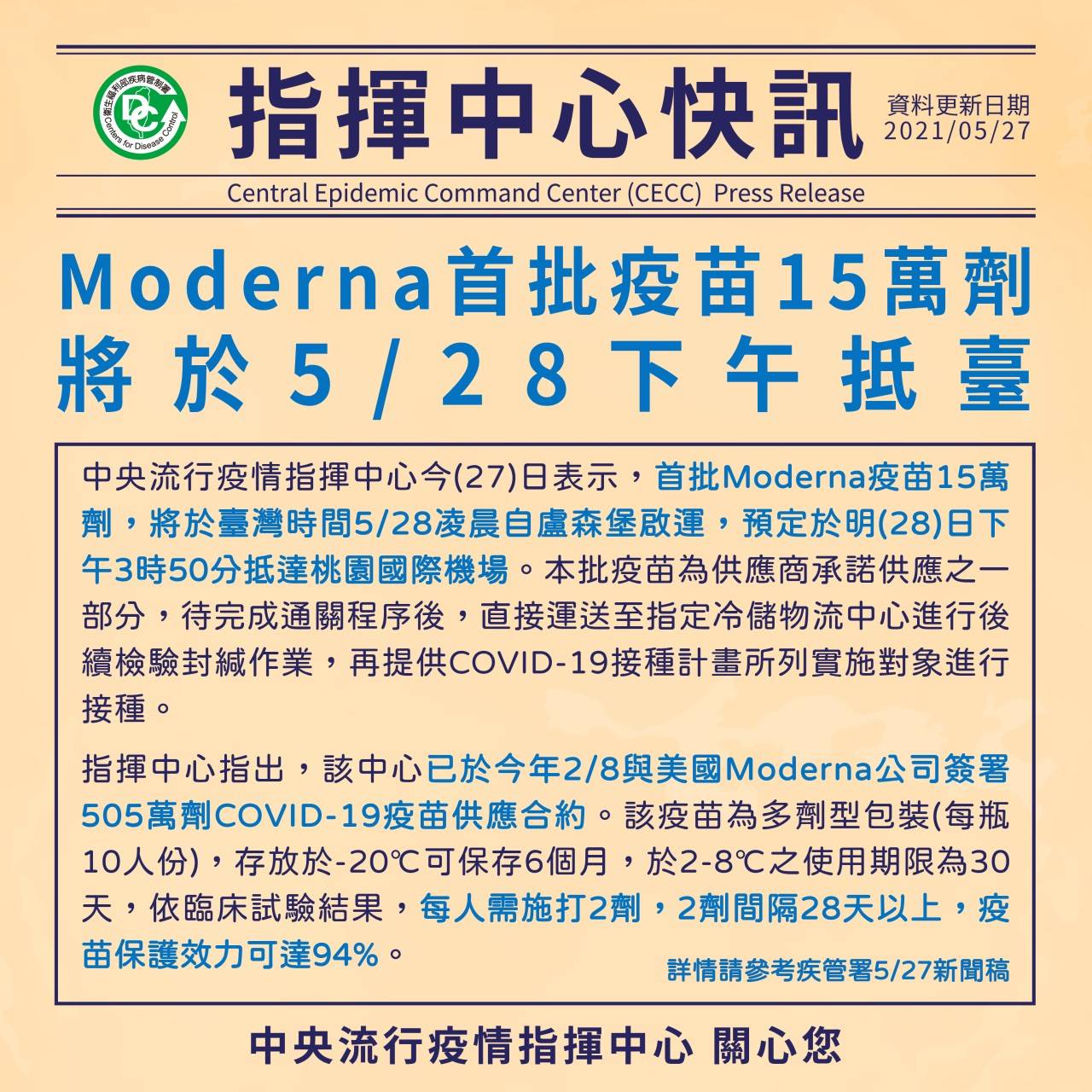 指揮中心證實，15萬劑莫德納疫苗明天將抵台。（指揮中心提供）