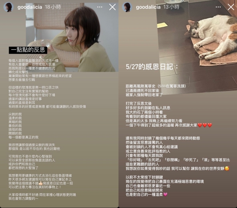 反思近日以來的發言跟網友反應後,愛莉莎莎在心態上似乎有了轉變。(翻攝自愛莉莎莎IG)