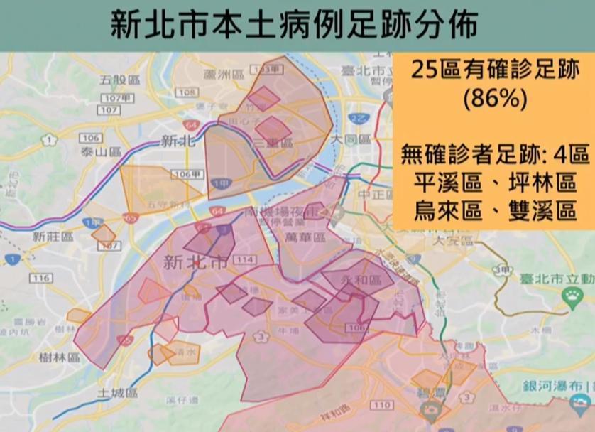 台大公衛系教授陳秀熙提供的防疫簡報顯示，新北市足跡高達86%。（翻攝自我的新北市臉書直播）