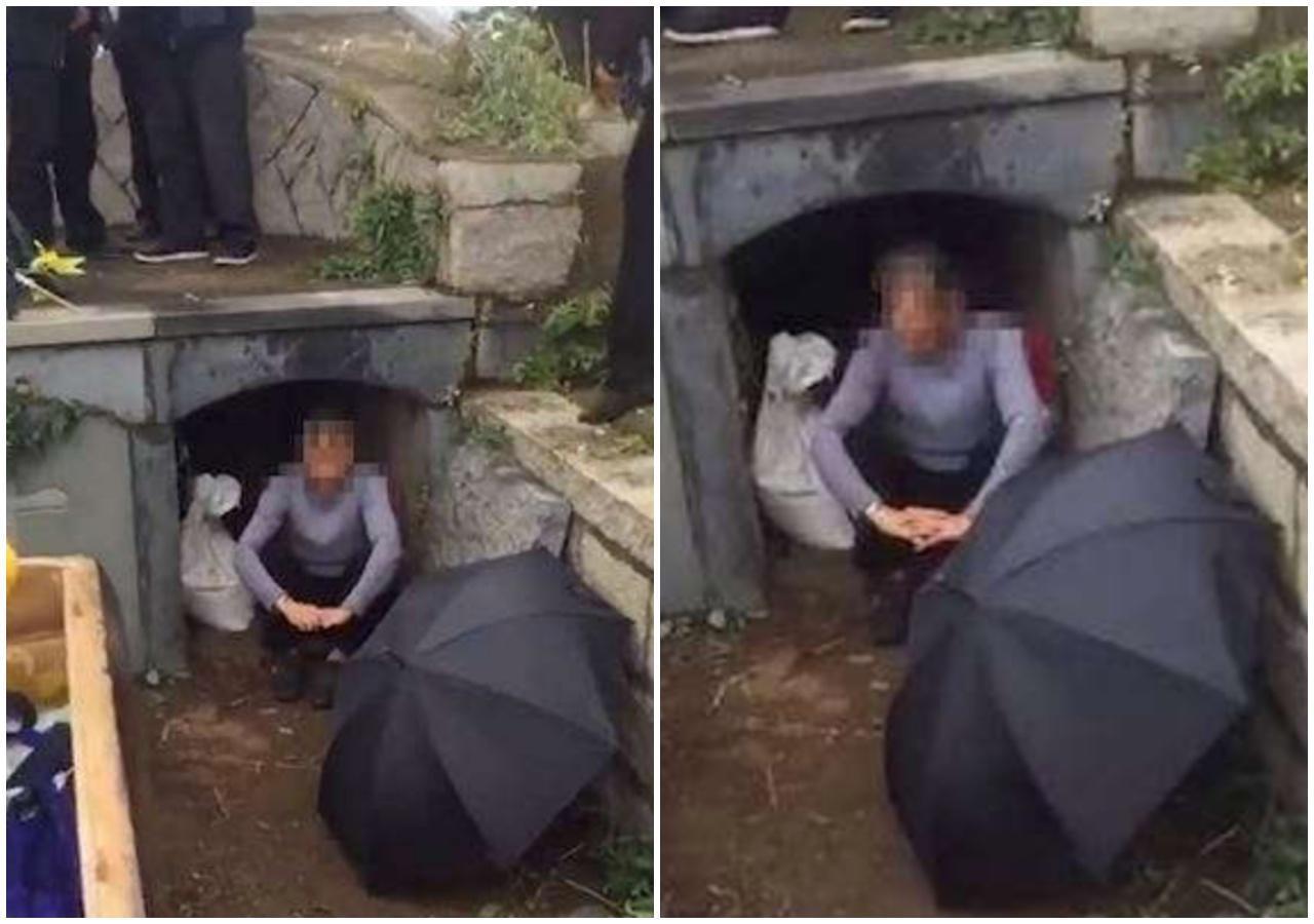 中國大陸一名媳婦不滿公公「遺產」分太少，竟擋住墳墓口不讓已故的公公下葬。（翻攝自網易視頻）