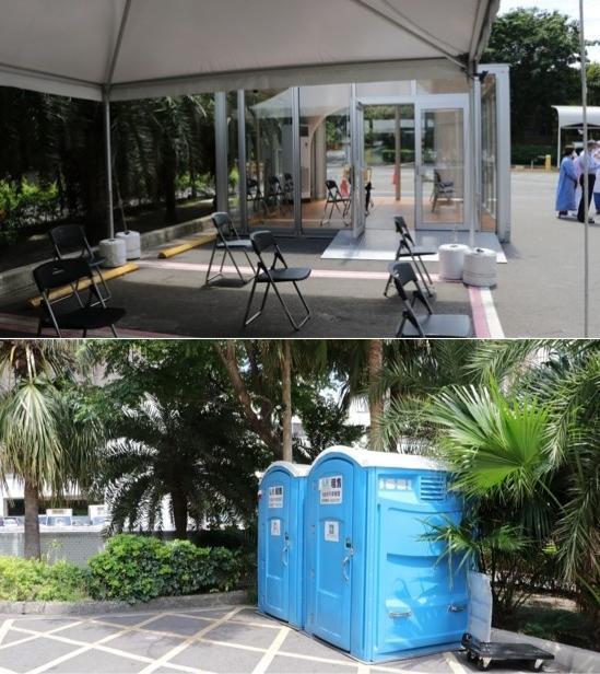 台北榮總戶外篩檢組合屋配置有空調,也設有流動廁所與等待區,讓採檢民眾保持社交距離。(微風集團提供)