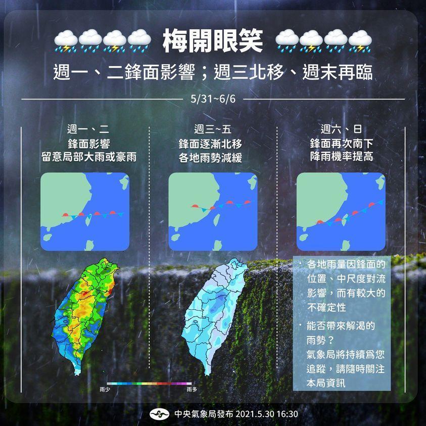 中央氣象局預估本週受鋒面影響有強降雨。（翻攝自報天氣臉書）
